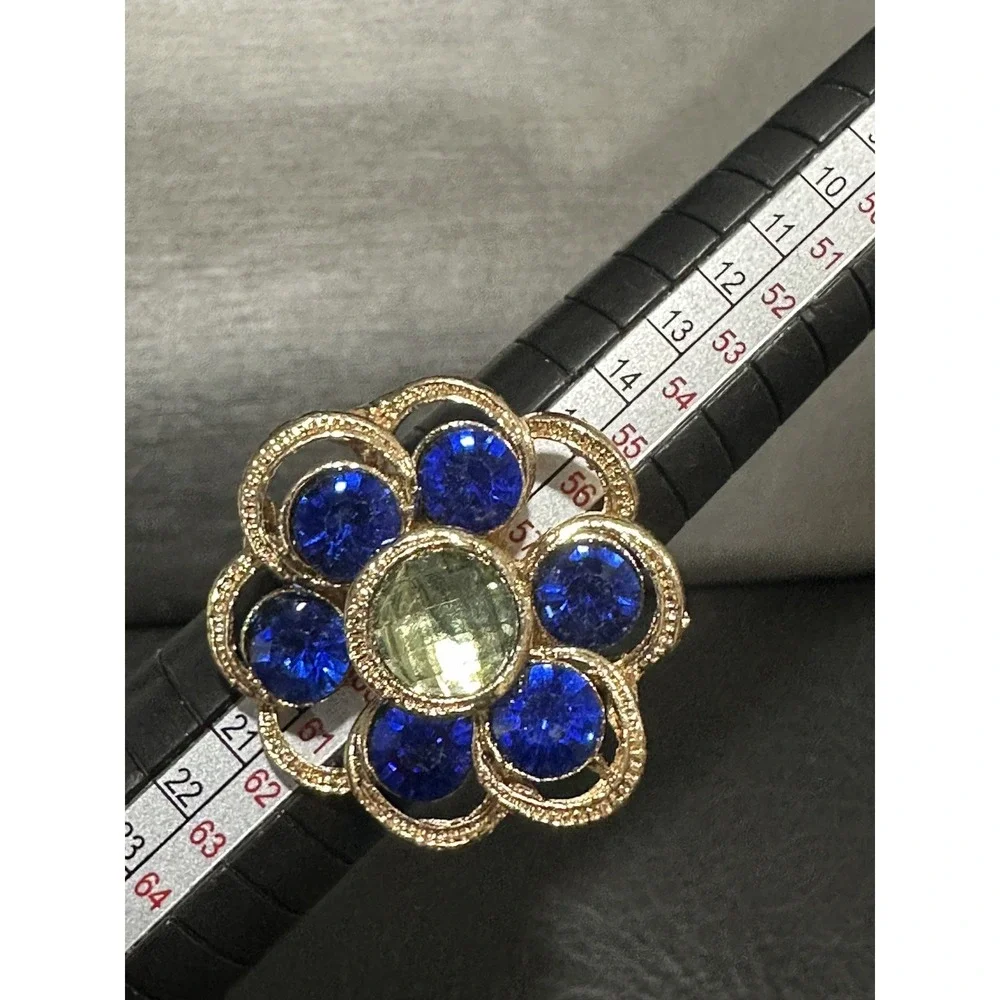 Vintage Blue Green Glass Flower Floral ‎ Adjustable Statement Ring